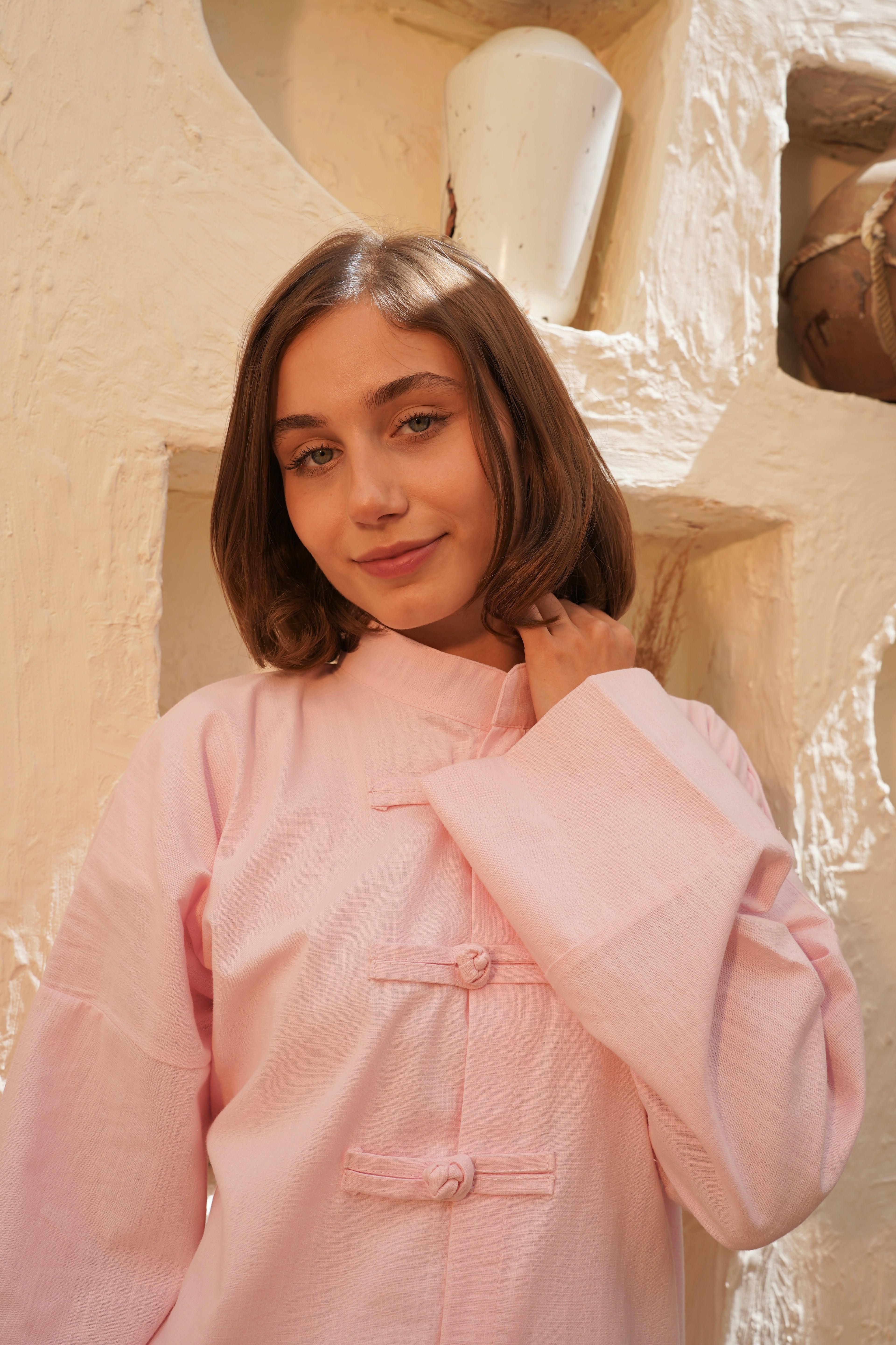 Baby Pink Linen Tang Suit