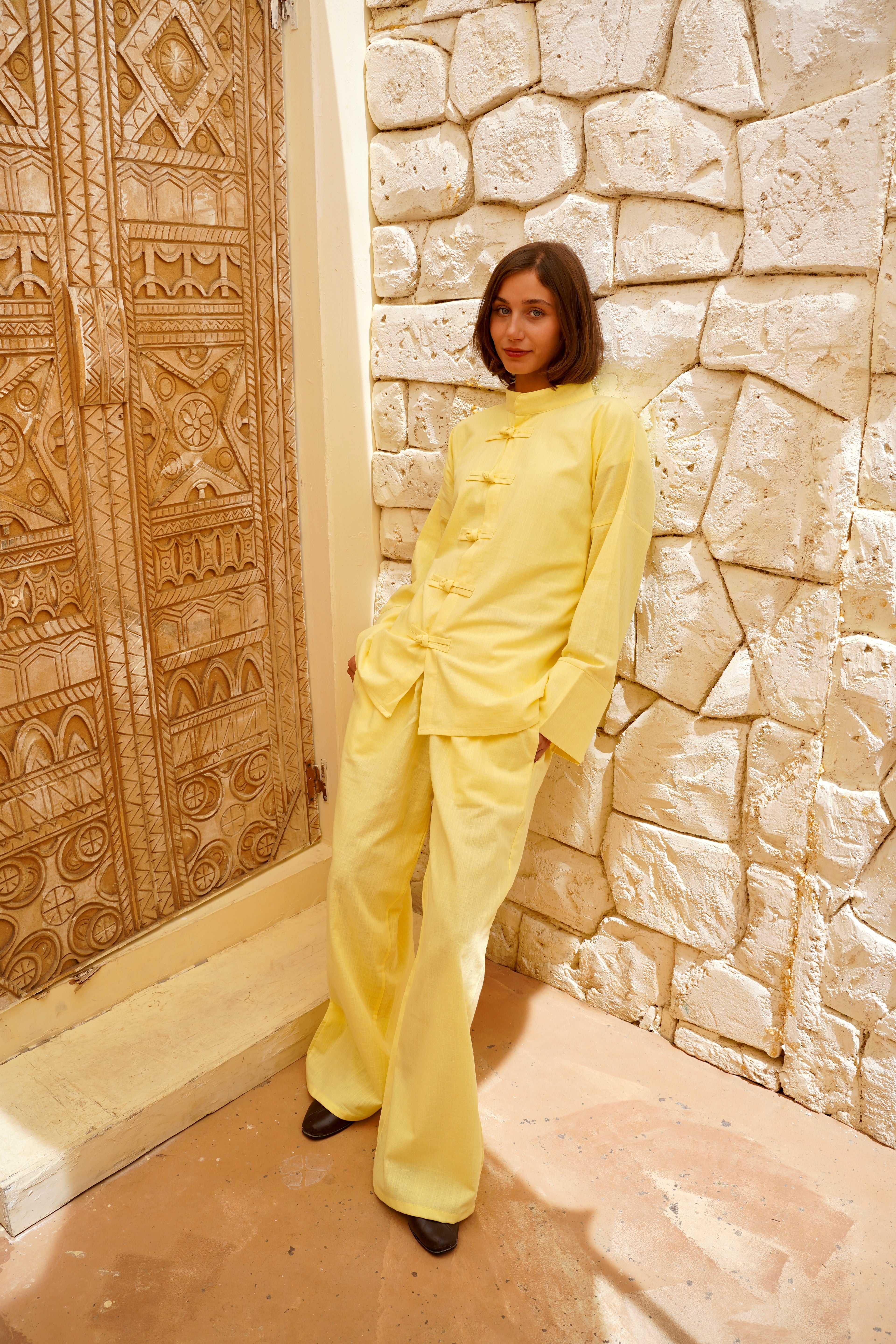 Baby Yellow Linen Tang Suit