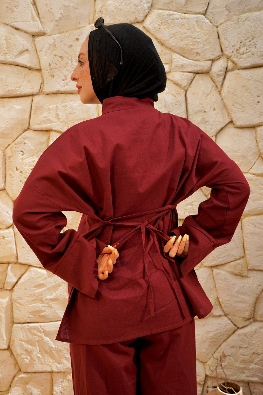 Burgundy Linen Tang Suit
