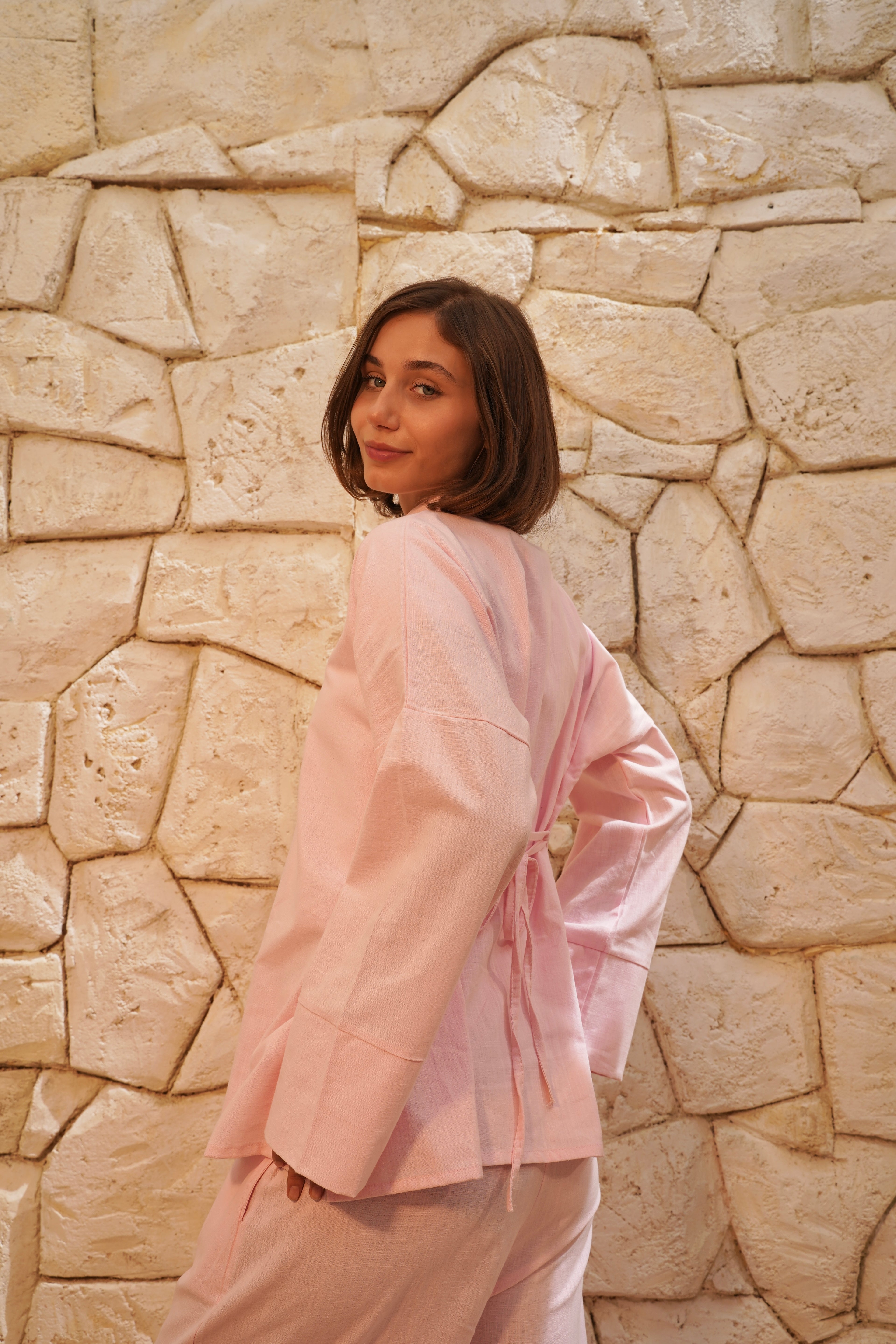 Baby Pink Linen Tang Suit