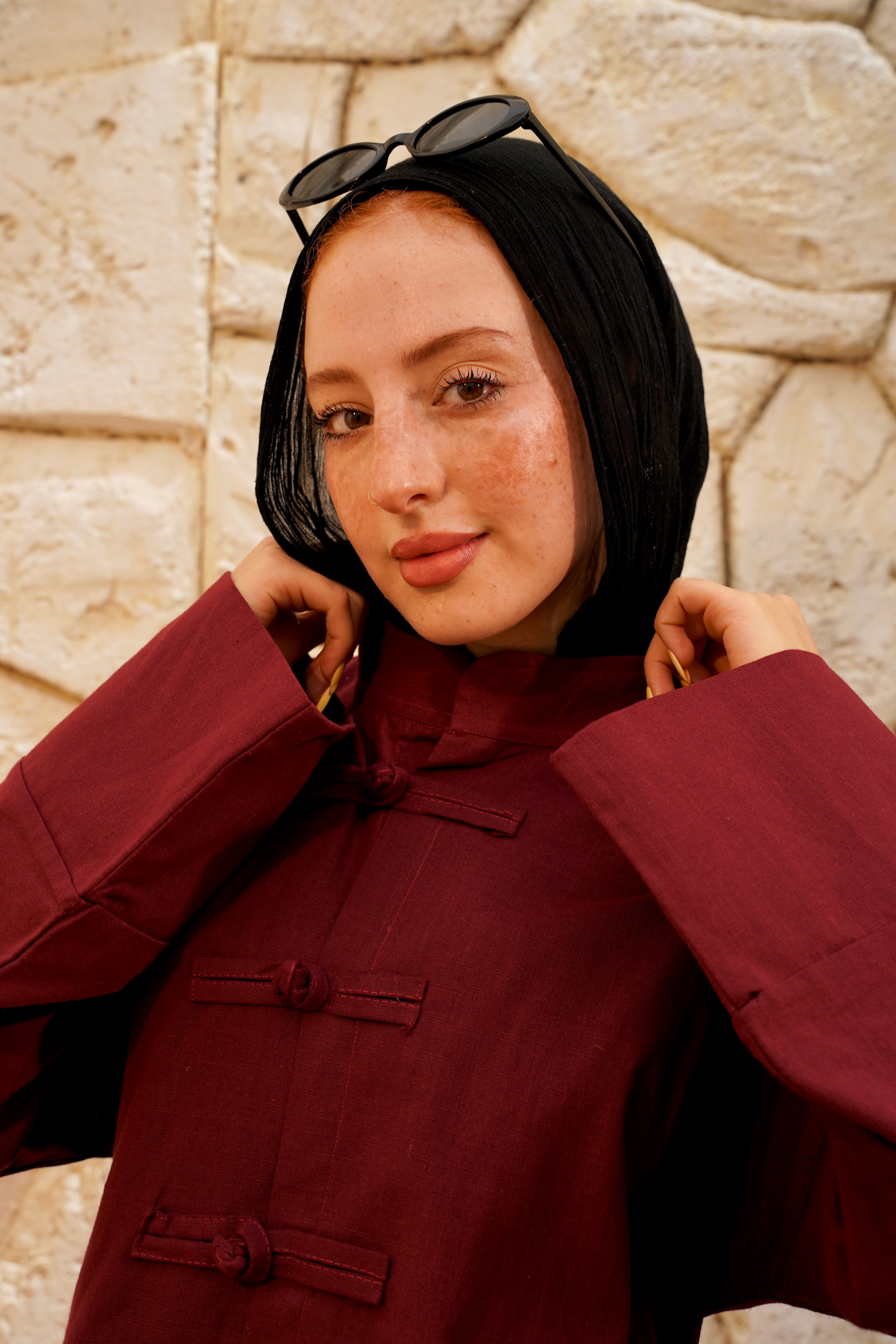 Burgundy Linen Tang Suit