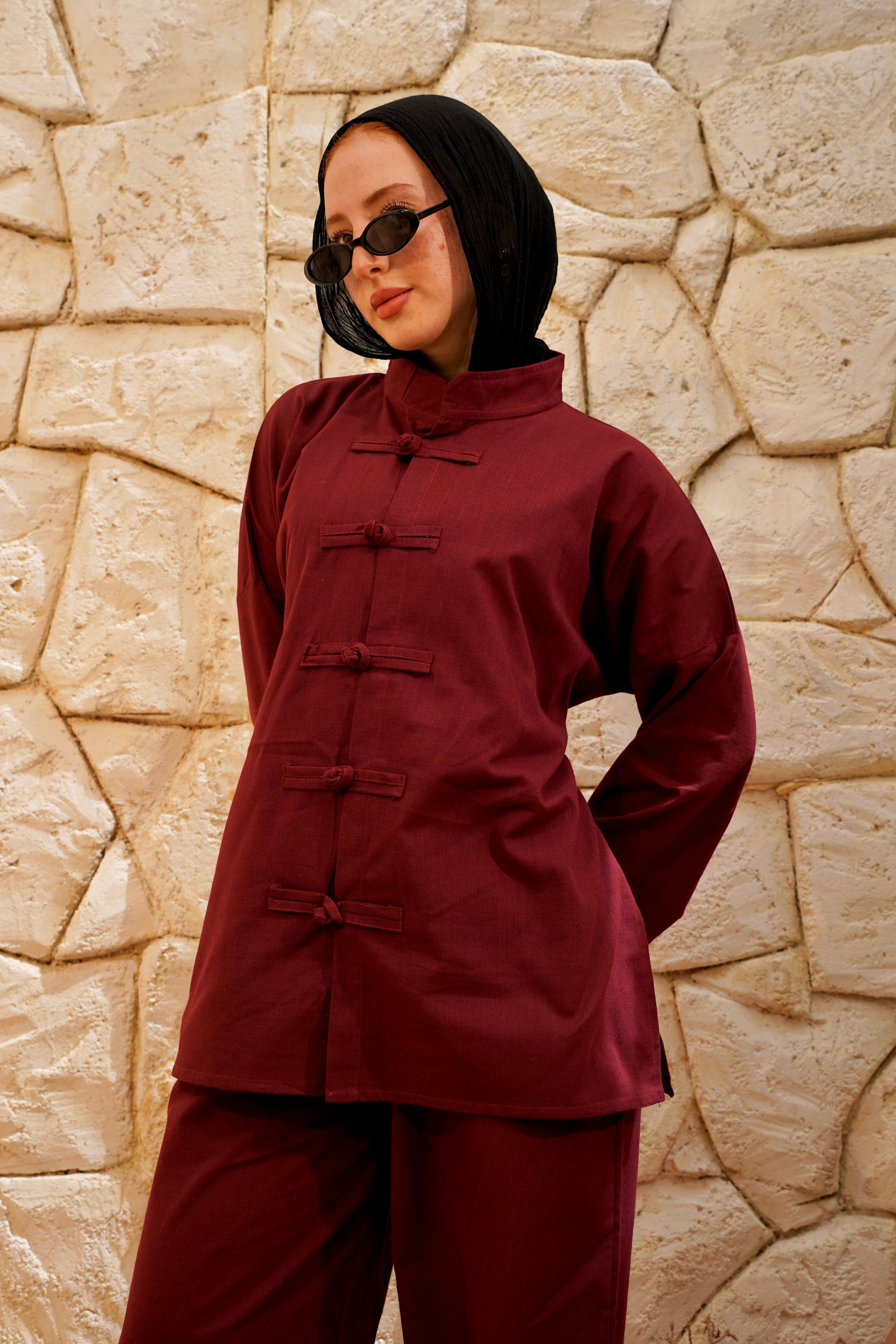 Burgundy Linen Tang Suit